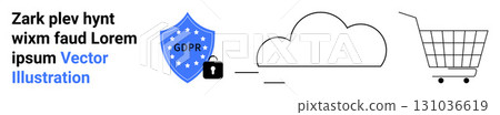 Shield with GDPR badge, lock, cloud, and shopping cart highlighting data security and compliance. GDPR compliance, cloud storage, e-commerce, and sensitive data protection. Ideal for web security Shield with GDPR badge, lock, cloud, and shopping cart highlighting data security and compliance. GDPR compliance, cloud storage, e-commerce, and sensitive data protection. Ideal for web security 131036619
