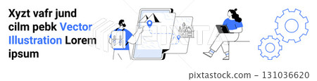 Two individuals, maps with location pins, gears, and devices symbolize efficient workflow and collaboration. Ideal for teamwork, navigation, digital tools, productivity, technology, innovation, user Two individuals, maps with location pins, gears, and devices symbolize efficient workflow and collaboration. Ideal for teamwork, navigation, digital tools, productivity, technology, innovation, user 131036620
