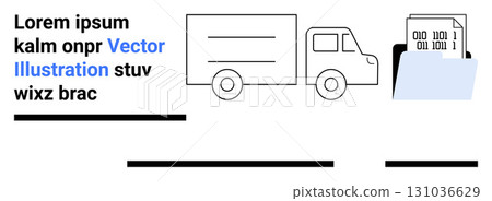 Truck icon alongside file folder containing binary code document. Ideal for logistics, technology, data storage, transportation, programming, document management, cloud storage. Landing page 131036629