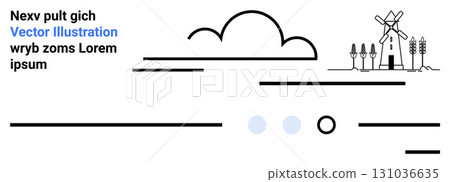Lines, cloud, two dots, windmill, tree, text. Ideal for minimalism, simplicity, nature, renewable energy, eco-friendly, clean design, green living. Landing page 131036635