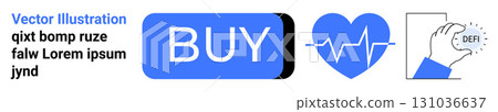 Blue BUY button, heart and heartbeat icon, hand holding DeFi coin. Ideal for online purchasing, fintech, cryptocurrency, digital transactions, health tech, online shops, and e-commerce. Landing page 131036637