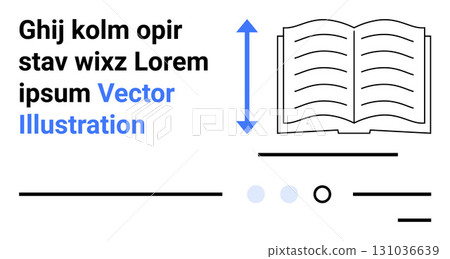 Open book with arrows indicating vertical movement, placeholder text, horizontal lines, and circles. Ideal for educational materials, e-books, templates, content creation, reading, learning 131036639