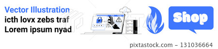 E-commerce, security, cloud computing, social media, and online shopping concepts. Vector elements including a shopping icon, security lock, and warning symbol in blue and black colours. Banner E-commerce, security, cloud computing, social media, and online shopping concepts. Vector elements including a shopping icon, security lock, and warning symbol in blue and black colours. Banner 131036664