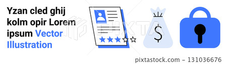 Resume with a star rating, a money bag with a dollar sign, and a closed lock. Ideal for job applications, financial planning, career growth, security assurances, employment services, HR tools, online Resume with a star rating, a money bag with a dollar sign, and a closed lock. Ideal for job applications, financial planning, career growth, security assurances, employment services, HR tools, online 131036676