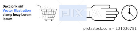 Shopping cart, hand, and clock icons in a minimalist style. Ideal for e-commerce, time management, efficiency, online shopping, and retail themes. Banner for landing page 131036781