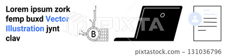 Black laptop, circuit with Bitcoin symbol, document with user avatar, Lorem Ipsum text. Ideal for tech blogs, fintech, cryptocurrency, education, IT services, software development, digital marketing Black laptop, circuit with Bitcoin symbol, document with user avatar, Lorem Ipsum text. Ideal for tech blogs, fintech, cryptocurrency, education, IT services, software development, digital marketing 131036796