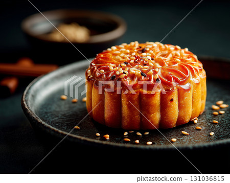 Golden mooncake on dark plate with sesame seeds 131036815