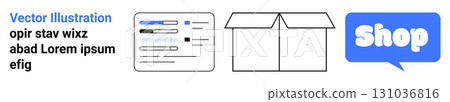 Simple design with text box, open box, and blue shop button highlights online shopping, user interface design, e-commerce, technology, and business solutions. Ideal for e-commerce websites. Banner 131036816