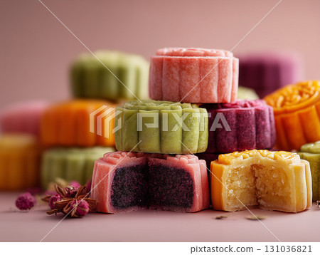 Colorful mooncakes with smooth textures on beige background 131036821