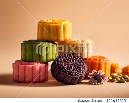 Colorful mooncakes stacked elegantly on beige background Colorful mooncakes stacked elegantly on beige background 131036823
