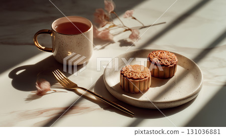 Mooncakes and tea on marble surface with warm lighting Mooncakes and tea on marble surface with warm lighting 131036881