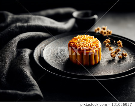 Golden mooncake on dark plate with elegant lighting 131036937