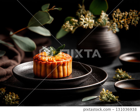 Elegant mooncake on dark ceramic plate with foliage 131036938