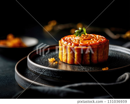 Golden mooncake on dark plate with elegant spotlight 131036939
