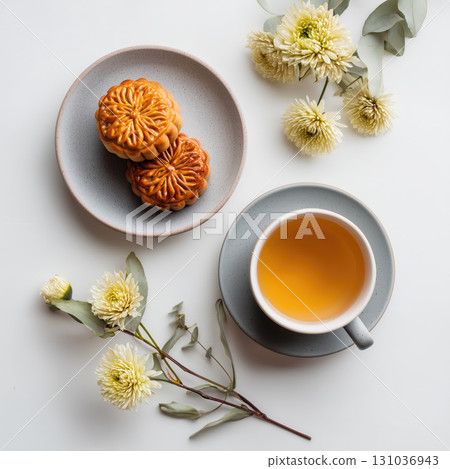Mooncakes and tea with flowers on white background 131036943