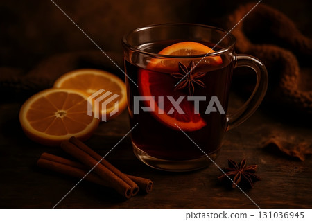 Glass mug of mulled wine with orange slice, star anise, and cinnamon on a rustic wooden table Glass mug of mulled wine with orange slice, star anise, and cinnamon on a rustic wooden table 131036945
