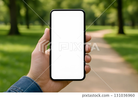 Person holding a smartphone with blank white screen outdoors in a green park on a sunny day Person holding a smartphone with blank white screen outdoors in a green park on a sunny day 131036960