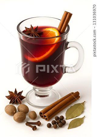 Glass mug of mulled wine with orange slice and cinnamon stick, surrounded by anise, nutmeg, cloves Glass mug of mulled wine with orange slice and cinnamon stick, surrounded by anise, nutmeg, cloves 131036970