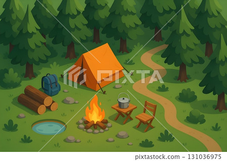 Cartoon campsite in a pine forest with orange tent, campfire, backpack, logs, pond 131036975