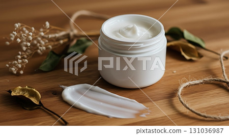 Luxurious white cream in elegant jar with natural elements for ultimate skincare and beauty 131036987