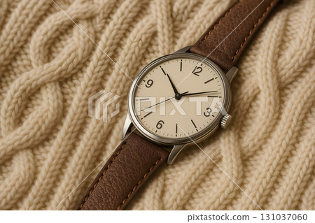 Minimalist analog wristwatch with brown leather strap on a beige cable-knit wool sweater Minimalist analog wristwatch with brown leather strap on a beige cable-knit wool sweater 131037060