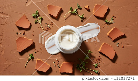 Luxurious cream jar with terracotta shards and fresh herbs, evoking natural beauty and skincare. Luxurious cream jar with terracotta shards and fresh herbs, evoking natural beauty and skincare. 131037271