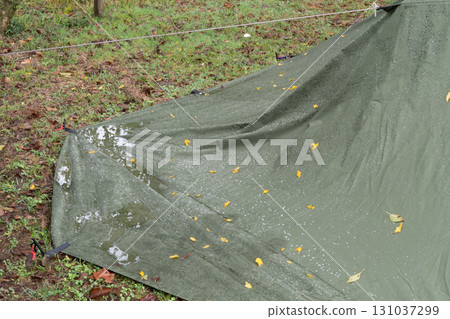 Rain collecting at the edge of the tent 131037299