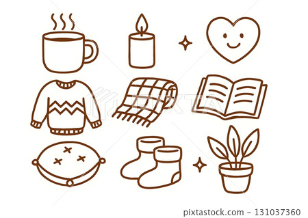 A cozy set of brown line art icons featuring a mug, candle, sweater, book, scarf, boots, pillow 131037360