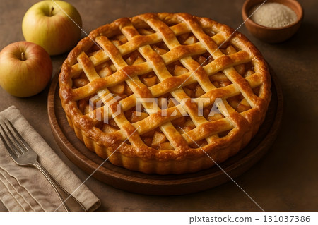 Freshly baked apple pie with golden lattice crust, placed next to ripe apples and a bowl of sugar. 131037386