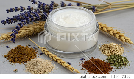Luxurious natural cream jar surrounded by organic ingredients like lavender, wheat, and herbs for skincare. Luxurious natural cream jar surrounded by organic ingredients like lavender, wheat, and herbs for skincare. 131037392