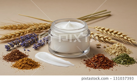 Luxurious organic skincare cream with natural ingredients like lavender and wheat for radiant skin 131037393