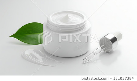 Luxurious skincare cream jar with dropper and fresh green leaf for natural beauty Luxurious skincare cream jar with dropper and fresh green leaf for natural beauty 131037394