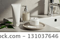 Elegant skincare products arranged in a modern bathroom setting, perfect for beauty brands 131037646