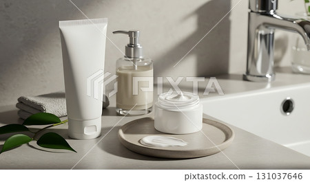 Elegant skincare products arranged in a modern bathroom setting, perfect for beauty brands 131037646