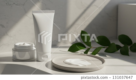 Luxury skincare products with fresh green leaves and elegant marble textures, perfect for beauty brands. 131037647
