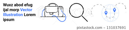 Backpack with blue straps, magnifying glass, and globe with map markers. Ideal for travel websites, educational content, online shops, navigation apps, adventure blogs, search tools, global services Backpack with blue straps, magnifying glass, and globe with map markers. Ideal for travel websites, educational content, online shops, navigation apps, adventure blogs, search tools, global services 131037691