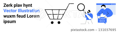 Shopping cart, man with magnifying glass, cashback on laptop. Ideal for e-commerce, promotions, product search, finance apps, technology blogs, business presentations, and digital marketing. Landing 131037695