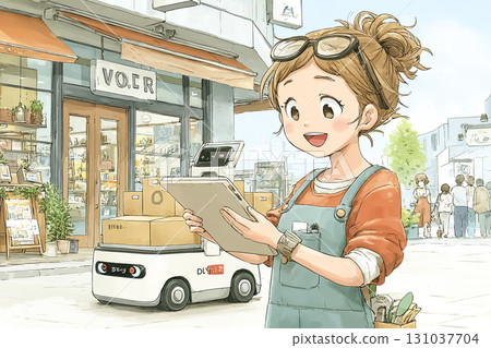 美優系列：自動送貨機器人的測試場景。美優微笑著走過商店街，注視著機器人。 131037704