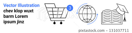 Shopping cart with notification icon, rotating globe with arrows, and open book with graduation cap. Ideal for e-commerce, education, online learning, global studies, academic resources, graduation Shopping cart with notification icon, rotating globe with arrows, and open book with graduation cap. Ideal for e-commerce, education, online learning, global studies, academic resources, graduation 131037711