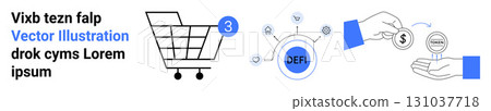 Shopping cart with notification, DeFi token and technology icons, and hand-to-hand money transfer. Ideal for e-commerce, DeFi, fintech, online payment, digital currency, investment, financial 131037718