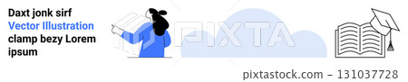 Woman pointing upwards, large cloud, open book with graduation cap. Ideal for educational platforms, digital learning, e-learning promotions, online courses, academic websites, university banners Woman pointing upwards, large cloud, open book with graduation cap. Ideal for educational platforms, digital learning, e-learning promotions, online courses, academic websites, university banners 131037728