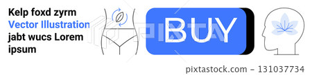 Kelp foxd zyrm text next to a womans waistline, blue BUY button, and a head profile with leaf design. Ideal for body health, e-commerce, mental wellness, minimalism, vector graphics, user interface 131037734