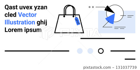 Shopping bag, abstract geometric shapes, text elements, and blue accents. Ideal for shopping, data analysis, modern design, data visualization, marketing, e-commerce, branding. Landing page 131037739