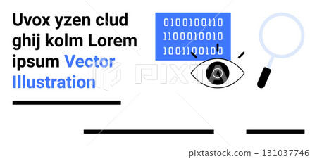 Magnifying glass examining binary code above an eye, black lines, lorem ipsum text in blue and black. Ideal for data analysis, cybersecurity, tech, research, education, programming, web development 131037746