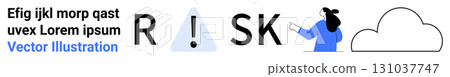 Risk symbol with exclamation mark inside a triangle, person pointing at the letter K, and cloud outline. Ideal for corporate presentations, risk management, cloud computing, financial analysis 131037747
