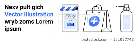 Smartphone with online shopping cart and buy button, paper shopping bag with medical cross, and hand sanitizer pump bottle. Ideal for e-commerce, medical supplies, online stores, health apps, digital 131037748