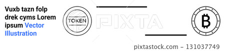 Cryptocurrency tokens are shown with one labeled Token and another with a B symbol. Ideal for blockchain concepts, digital currency, finance education, fintech materials, ICO presentations, crypto 131037749