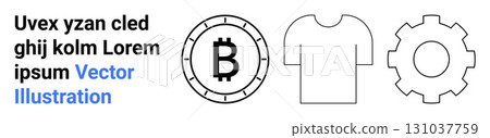 Bitcoin symbol within a coin, basic t-shirt outline, and gearwheel. Ideal for blockchain, digital currency, fashion, textile, industrial mechanics, manufacturing, modern tech. Landing page Bitcoin symbol within a coin, basic t-shirt outline, and gearwheel. Ideal for blockchain, digital currency, fashion, textile, industrial mechanics, manufacturing, modern tech. Landing page 131037759