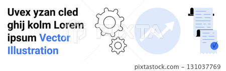 Gears symbolizing workflow, rising graph inside blue circle indicating growth, checklist with checkmark. Ideal for business process, document management, data analysis, productivity, workflow 131037769