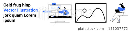 Computer screen with video call, person analyzing charts, abstract art, person working on laptop. Ideal for online collaboration, data analysis, remote work, technology, office productivity, digital Computer screen with video call, person analyzing charts, abstract art, person working on laptop. Ideal for online collaboration, data analysis, remote work, technology, office productivity, digital 131037772